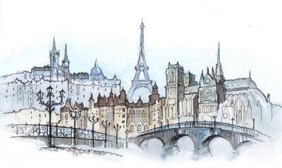 Fotobehang Aquarelpanorama van Parijs