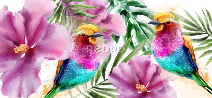 Fotobehang Aquarelpatroon met tropische vogels tussen bloemen