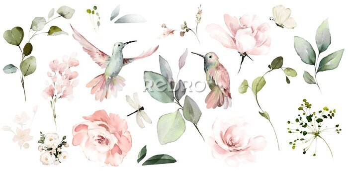 Fotobehang Aquarelpatroon met vogels en bloemen