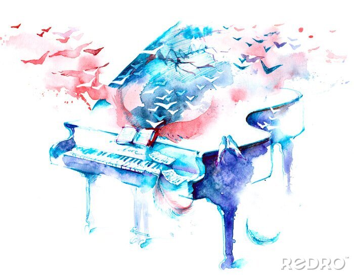 Fotobehang Aquarelpiano en abstracte noten