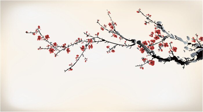 Fotobehang Aquarelschilderij van kersenbloesems en takken op een lichte achtergrond