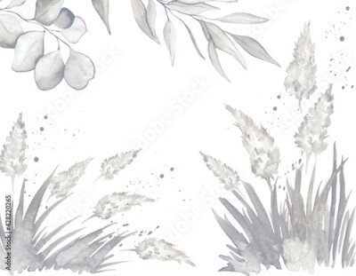 Fotobehang Aquarelstijl bloeiende pampasgras en bladeren