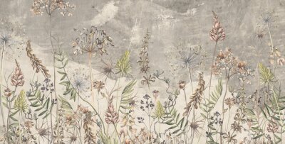 Fotobehang Art drawing in vintage style in light beige tones, wallpaper on which dried flowers are depicted, texture background.