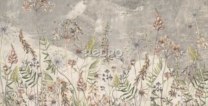 Fotobehang Art drawing in vintage style in light beige tones, wallpaper on which dried flowers are depicted, texture background.