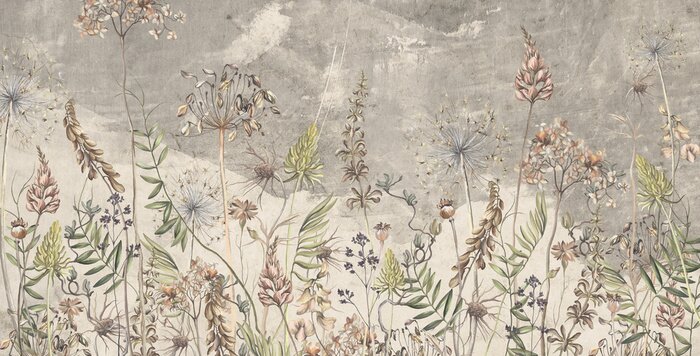 Fotobehang Art drawing in vintage style in light beige tones, wallpaper on which dried flowers are depicted, texture background.