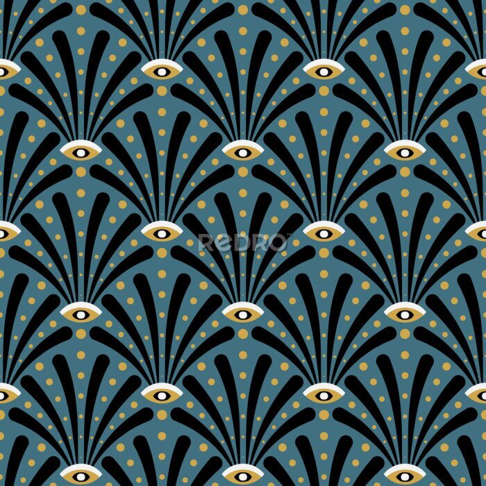 Fotobehang Art nouveau art deco patroon op blauwe achtergrond