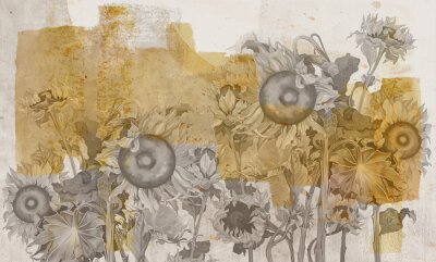 Fotobehang Artistieke zonnebloemen op concrete textuur