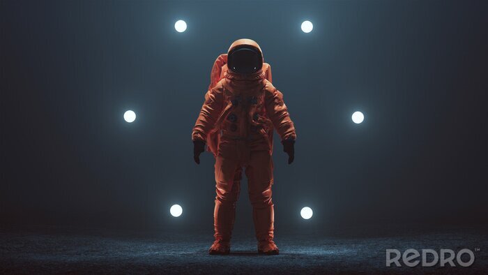 Fotobehang Astronaut in an Orange Space Suit with Black Visor Standing in a Alien Void 3d illustration 3d render