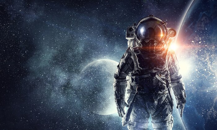 Fotobehang Astronaut op de achtergrond van de ruimte met planeten