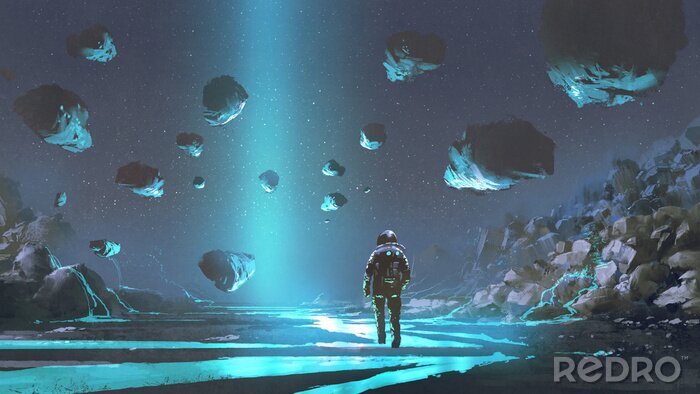 Fotobehang Astronaut op een turquoise planeet
