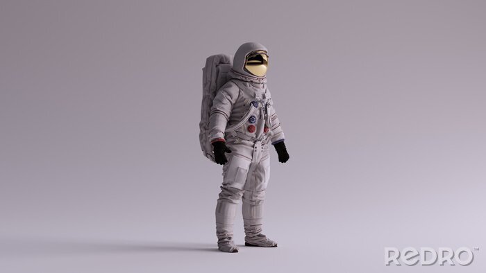 Fotobehang Astronaut with Gold Visor and White Spacesuit With Light Grey Background with Neutral Diffused Side Lighting 3 Quarter Right 3d illustration 3d render
