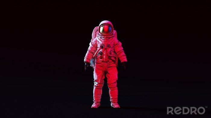 Fotobehang Astronaut with Gold Visor and White Spacesuit with Pink and Blue Moody 80s lighting Front 3d illustration 3d render