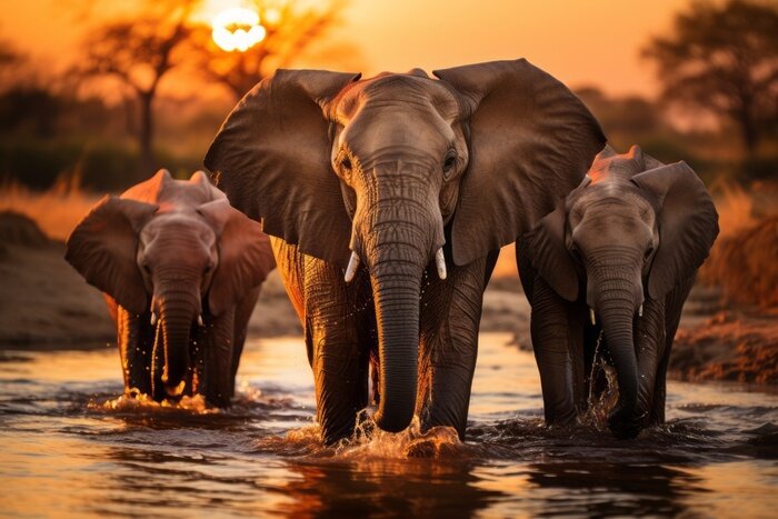 Fotobehang At sunrise, elephants congregate gracefully around a watering hole, silhouetted against the breathtaking canvas of the awakening savannah.