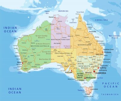 Australië - Zeer gedetailleerde bewerkbare politieke kaart.
