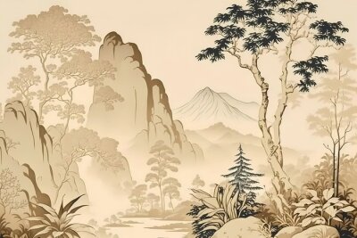 Fotobehang Aziatisch landschap in beige uitvoering