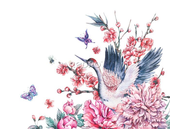 Fotobehang Aziatische compositie met een vogel en vlinders