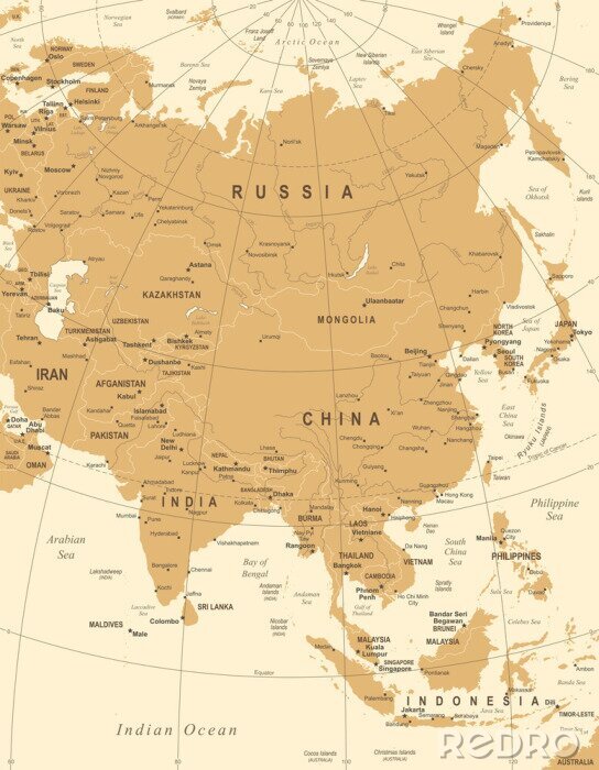 Fotobehang Azië Kaart - Vintage Vector Illustratie