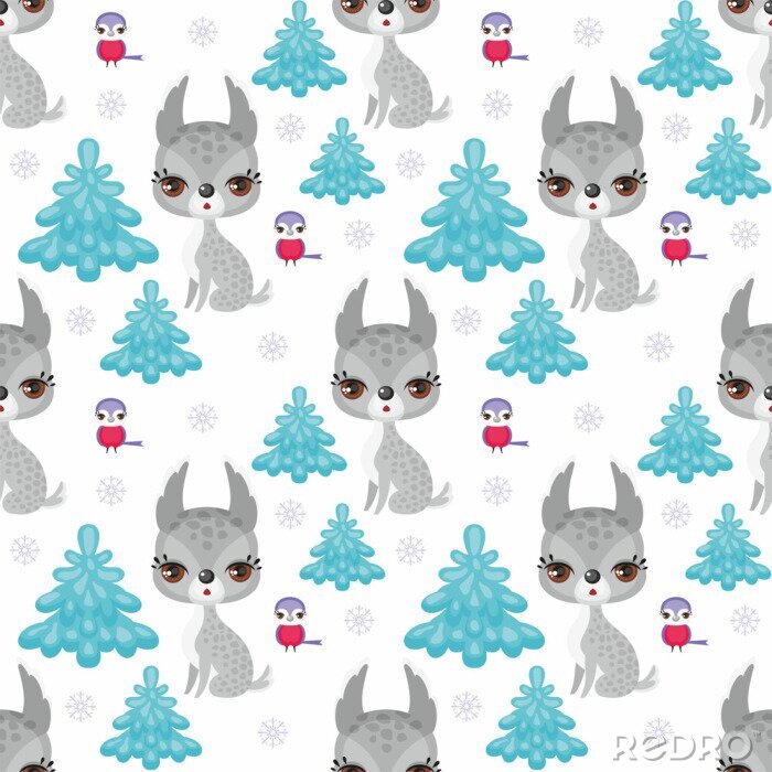 Fotobehang Baby kleurrijke naadloze patroon met het beeld van schattige bosdieren. Winter achtergrond.