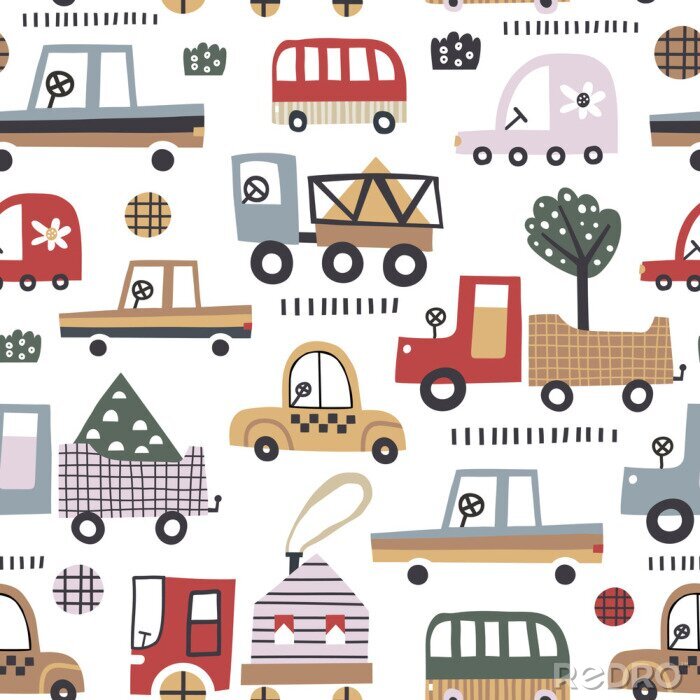 Fotobehang Baby naadloos patroon met leuke auto. Perfect voor kinderstof, textiel, kinderkamerbehang. Vectorillustratie in Scandinavische stijl.