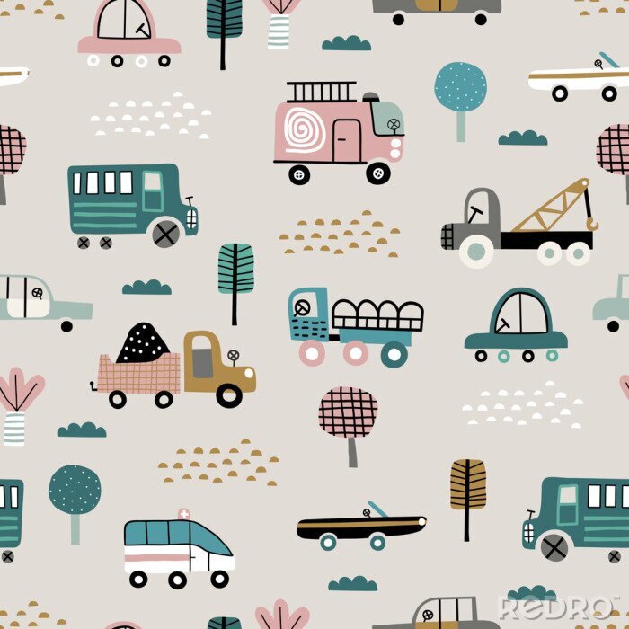 Fotobehang Baby seamless pattern with cute cars. Perfect for kids fabric, textile, nursery wallpaper. Cute vector illustration in scandinavian style.