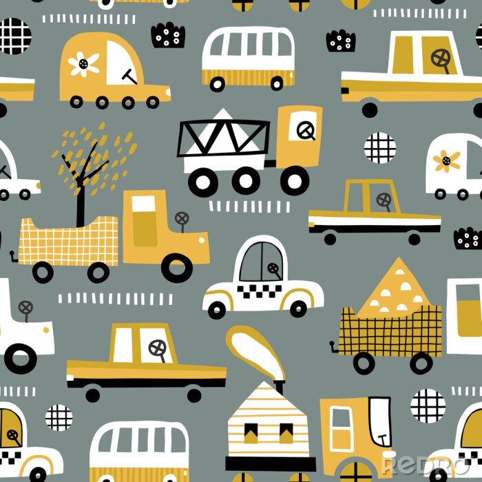 Fotobehang Baby seamless pattern with hand drawn cute car. Perfect for kids fabric, textile, nursery wallpaper. Vector seamless pattern with doodle toy cars.
