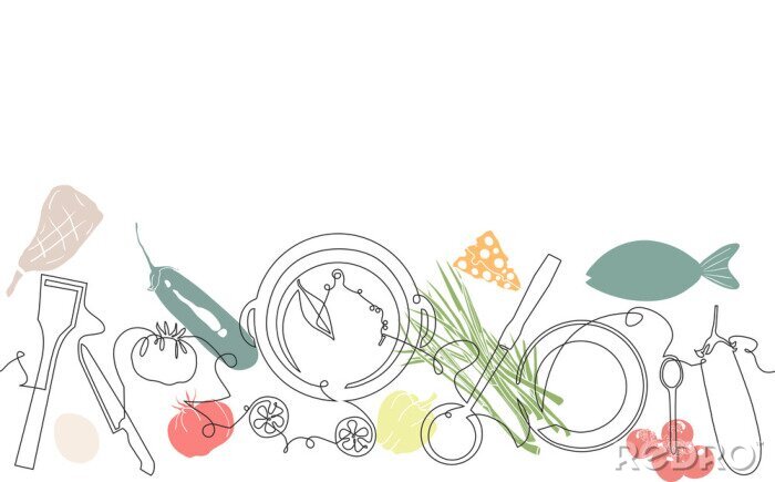 Fotobehang Background with Utensils and Food. Cooking Pattern. Vector illustration.