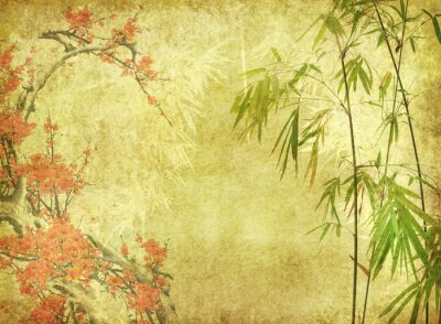 Bamboe bladeren en kleurrijke bloemen