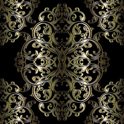 Barok naadloos patroon. Zwarte bloemen damast achtergrond behang illustratie met gouden vintage bloemen, scroll swirl kunst lijn bladeren en antieke 3d barokke ornamenten. Vector oppervlak donkere tex