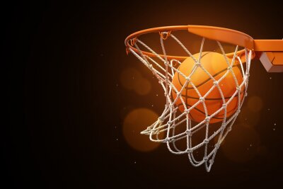 Fotobehang Basketbal in net op donkere achtergrond
