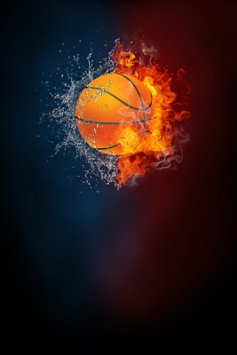 Basketbal sporttoernooi modern poster sjabloon. Hoge resolutie HR poster grootte 24x36 inch, 31x91 cm, 300 dpi, verticaal ontwerp, kopieer ruimte. Basketbal bal exploderen door elementen vuur en water