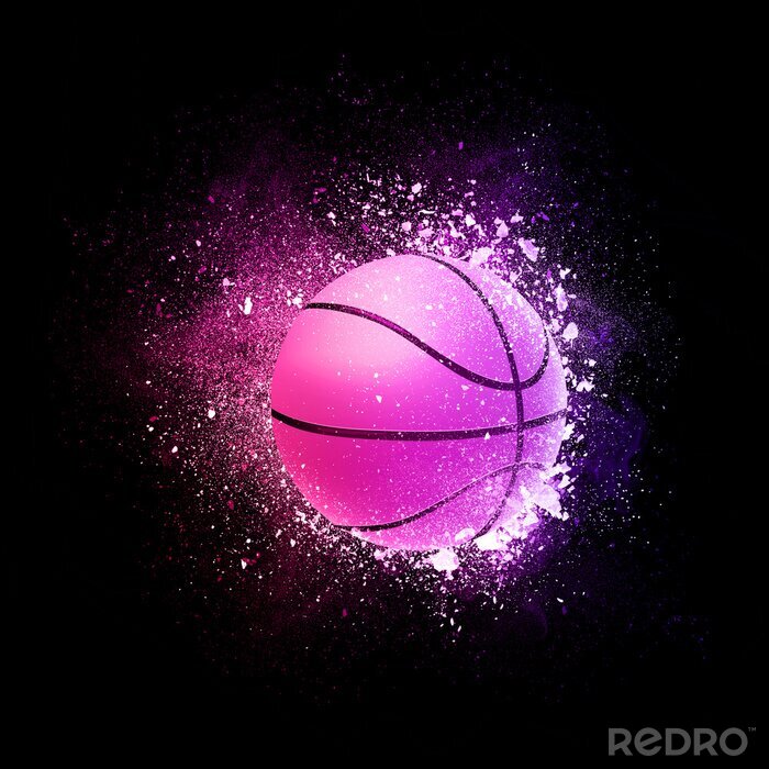 Fotobehang Basketball Ball flying in violet particles isolated on black background. Sport competition concept for basketball tournament poster, placard, card or banner.