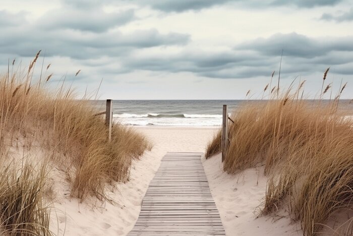 Fotobehang Beach access wooden pathway of a sea in sand dunes with ocean