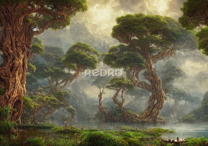 Fotobehang Beautiful fantasy land with lake and giant trees