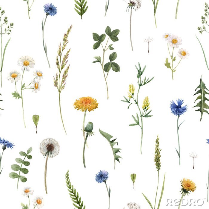 Fotobehang Beautiful floral summer seamless pattern with watercolor hand drawn field wild flowers. Stock illustration.