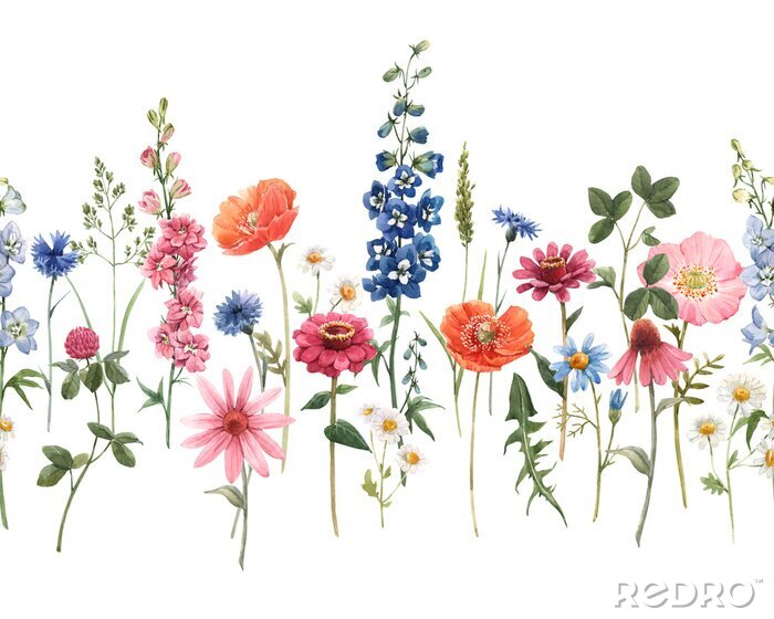Fotobehang Beautiful floral summer seamless pattern with watercolor hand drawn field wild flowers. Stock illustration.