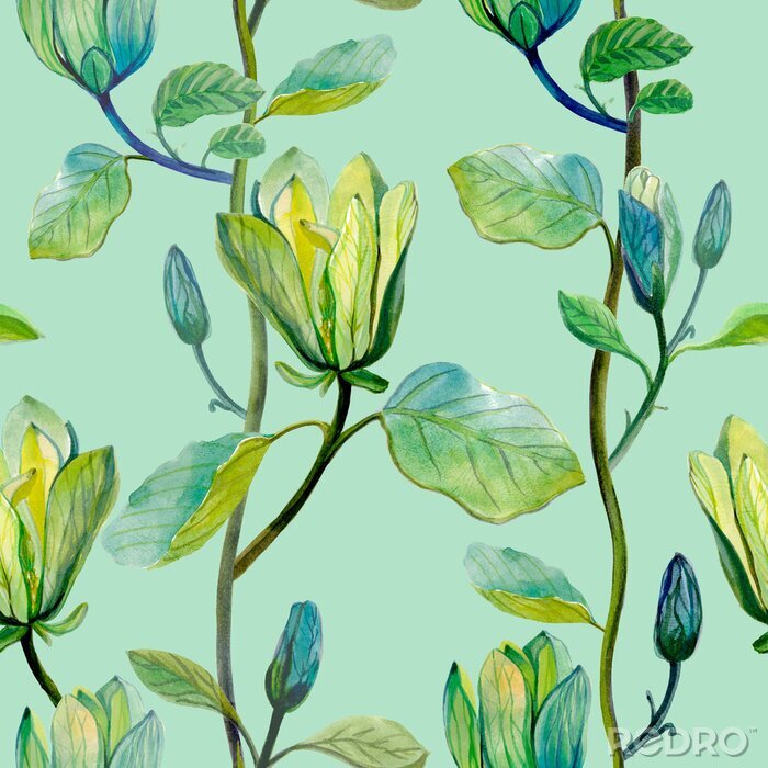 Fotobehang Beautiful magnolia flower tropical pattern. Seamless tropical pattern on  green mint background.
