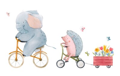 Fotobehang Beautiful stock illustration with watercolor hand drawn cute animals on transport.