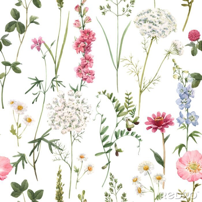 Fotobehang Beautiful vector floral summer seamless pattern with watercolor hand drawn field wild flowers. Stock illustration.