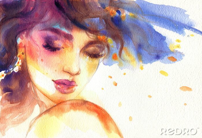 Fotobehang beautiful woman. fashion illustration. watercolor painting