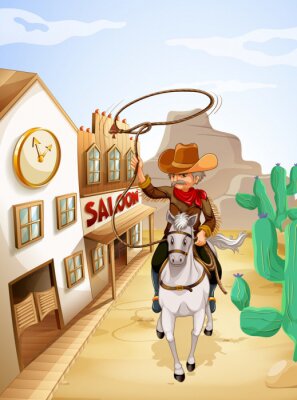 Fotobehang Beeldverhaalcowboy op een paard