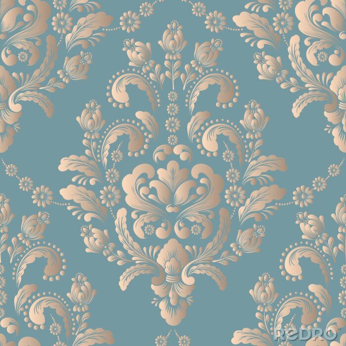 Fotobehang Beige dessin met ornamenten op een turquoise achtergrond