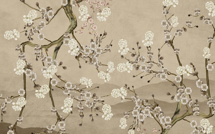 Fotobehang Beige twijgen van bloeiende bomen