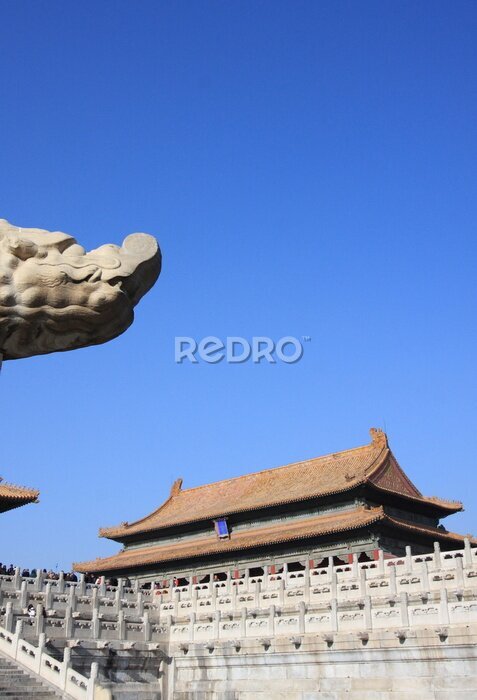Fotobehang Beijing Verboden Stad architectonische details tegen de blauwe hemel