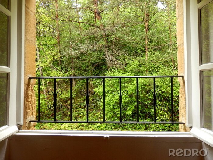 Fotobehang Bekijk bos gezien vanuit een raam huisje slaapkamer