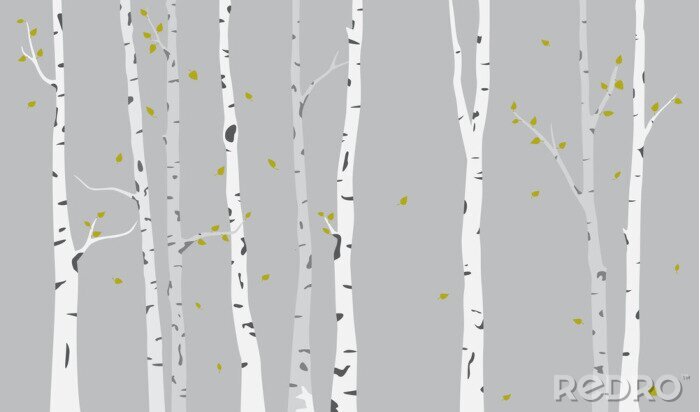 Fotobehang Berkenbomen op een grijze achtergrondillustratie
