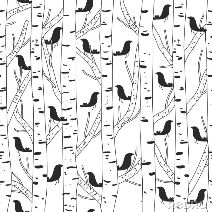 Fotobehang Berkenstammen en bladeren