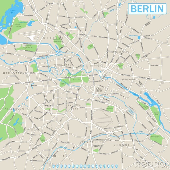 Fotobehang Berlin Kaart en navigatiepictogrammen zeer gedetailleerde vector straat kaart van Berlijn. Het is inclusief: - straten - parken - namen van onderdistricten - water object namen