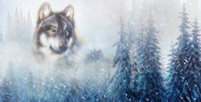 Fotobehang Besneeuwd berglandschap met een wolf