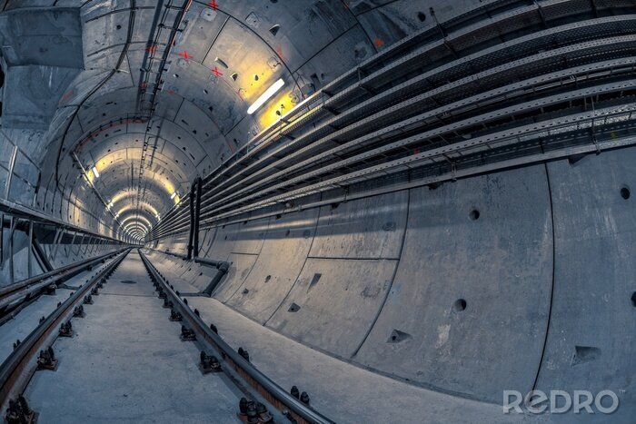 Fotobehang Betonnen tunnel met sporen