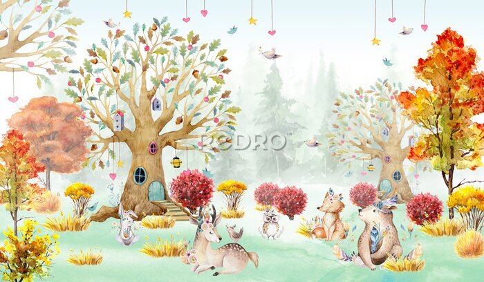 Fotobehang Betoverd bos met wilde fauna